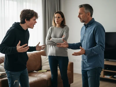 Erstelle mir ein Bild zu dem folgenden Thema detailgetreu: Wie du die Pubertät richtig begleitest. Sohn ist aufgebracht und Diskutiert mit seiner Mutter und seinem Vater