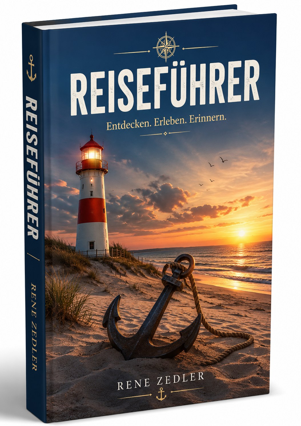 3D-Darstellung eines hochwertigen Reiseführers mit maritimem Design. Das Cover zeigt einen beleuchteten rot-weißen Leuchtturm auf einer Sanddüne am Meer bei Sonnenuntergang. Im Vordergrund liegt ein großer schwarzer Anker halb im Sand vergraben, dessen Tau über den Strand verläuft. Der Himmel ist in warmen Orange-, Gold- und Blautönen gehalten. Der Buchtitel „Reiseführer“ erscheint in großen weißen Buchstaben im oberen Bereich, darunter die Unterzeile „Entdecken. Erleben. Erinnern.“. Der Autorenname „Rene Zedler“ steht am unteren Rand des Covers. Das Buch ist leicht schräg dargestellt, sodass Vorderseite und Buchrücken sichtbar sind, wodurch ein realistischer 3D-Effekt entsteht.