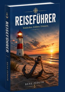 3D-Darstellung eines hochwertigen Reiseführers mit maritimem Design. Das Cover zeigt einen beleuchteten rot-weißen Leuchtturm auf einer Sanddüne am Meer bei Sonnenuntergang. Im Vordergrund liegt ein großer schwarzer Anker halb im Sand vergraben, dessen Tau über den Strand verläuft. Der Himmel ist in warmen Orange-, Gold- und Blautönen gehalten. Der Buchtitel „Reiseführer“ erscheint in großen weißen Buchstaben im oberen Bereich, darunter die Unterzeile „Entdecken. Erleben. Erinnern.“. Der Autorenname „Rene Zedler“ steht am unteren Rand des Covers. Das Buch ist leicht schräg dargestellt, sodass Vorderseite und Buchrücken sichtbar sind, wodurch ein realistischer 3D-Effekt entsteht.