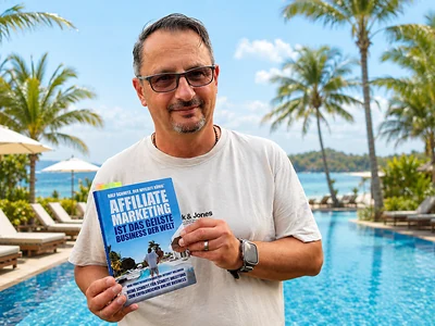 Auf dem Bild ist ein Mann zu sehen der das Buch Affiliate Marketing ist das geilste Business der Welt von Ralf schmitz in der Hand hält.