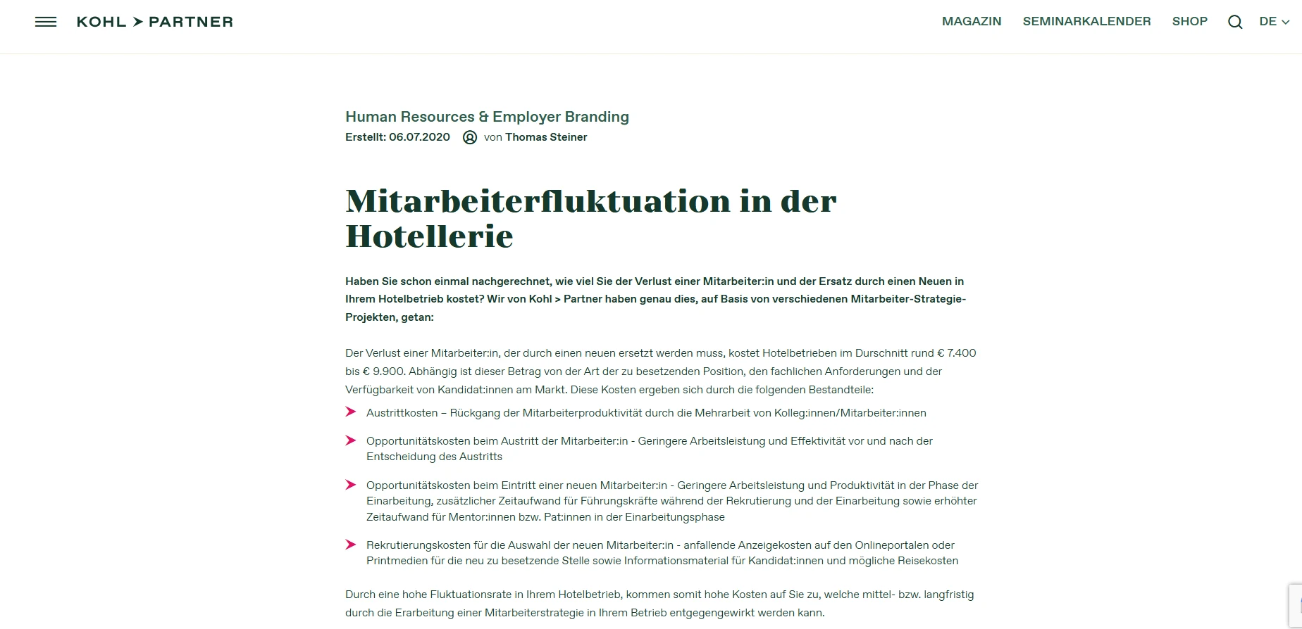 Kohl und Partner Hotel Consulting DACH – Studie Fluktuationskosten