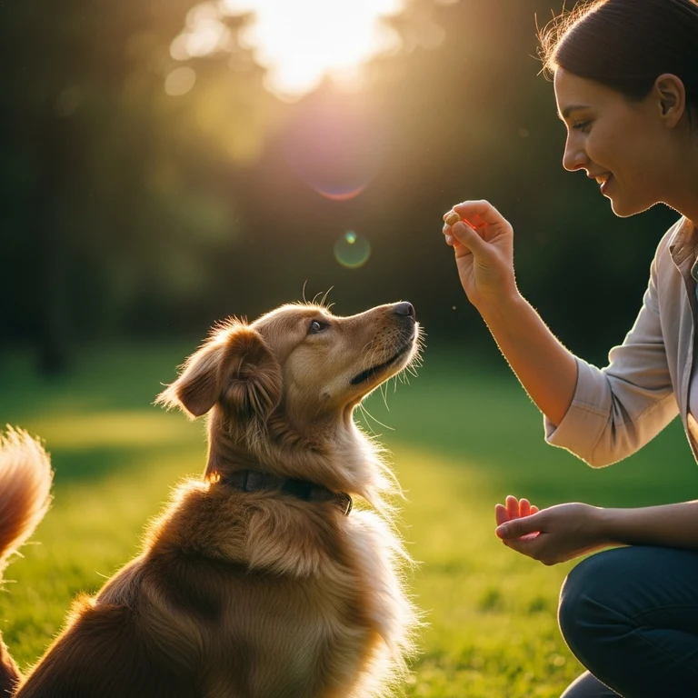 Warm candid scene of a calm dog and owner during a short training session in a sunny park: owner giving a clear hand signal,