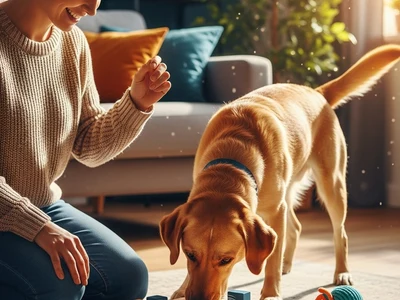 Warm, bright photo of a calm owner kneeling, gently praising a happy dog solving a treat puzzle, cozy living room, interactiv