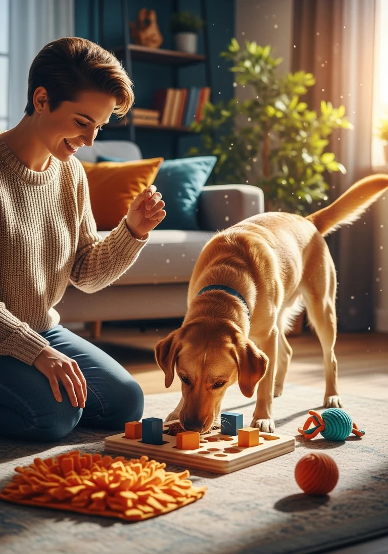 Warm, bright photo of a calm owner kneeling, gently praising a happy dog solving a treat puzzle, cozy living room, interactiv
