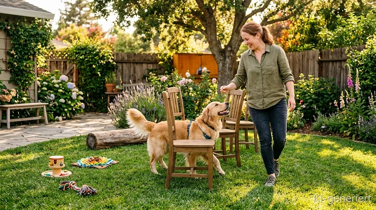 Happy dog and owner doing a short mindful training session in a cozy backyard: weaving around chairs, balancing on a low log,