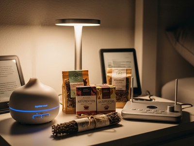 Ein gemütlich beleuchteter Nachttisch mit einer Lampe, einem Aromadiffuser mit blauem Licht, mehreren Packungen Kräutertee, einem E-Reader und einem weiteren elektronischen Gerät. Select 77 more words to run Humanizer.