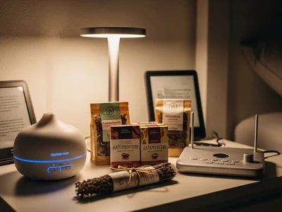 Ein gemütlich beleuchteter Nachttisch mit einer Lampe, einem Aromadiffuser mit blauem Licht, mehreren Packungen Kräutertee, einem E-Reader und einem weiteren elektronischen Gerät. Select 77 more words to run Humanizer.