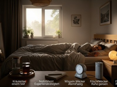 Frau schläft entspannt in einem gemütlich eingerichteten Schlafzimmer mit Tageslicht, weicher Bettdecke und verschiedenen Gegenständen wie Tee, Notizbuch und Weckern auf dem Nachttisch im Vordergrund, die ein ruhiges Abend- oder Einschlaf-Setting zeigen.