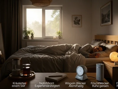 Frau schläft entspannt in einem gemütlich eingerichteten Schlafzimmer mit Tageslicht, weicher Bettdecke und verschiedenen Gegenständen wie Tee, Notizbuch und Weckern auf dem Nachttisch im Vordergrund, die ein ruhiges Abend- oder Einschlaf-Setting zeigen.