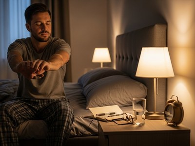 Ein Mann sitzt am Bett in legerer Schlafkleidung und dehnt seine Arme, im warm beleuchteten Schlafzimmer steht ein Nachttisch mit Lampe, Wecker, Glas Wasser und Brille – ruhige, entspannte Morgenstimmung.