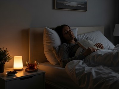 Frau liegt im Bett, liest ein Buch und entspannt sich in gedämpftem Licht mit Nachttischlampe, Tee und Pflanzen – gemütliche Abend- und Einschlafstimmung.
