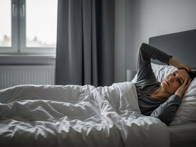Eine Frau völlig unausgeschlafen verzweifelt im Bett