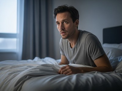 Mann sitzt nachdenklich auf dem Bett in einem ruhigen Schlafzimmer und blickt gedankenverloren nach vorne