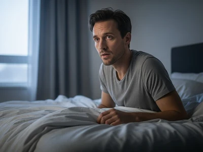 Mann sitzt nachdenklich auf dem Bett in einem ruhigen Schlafzimmer und blickt gedankenverloren nach vorne