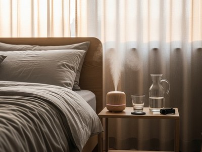 Gemütliches Schlafzimmer mit Bett, Nachttisch, Lampe und sanftem Licht als Symbol für Entspannung und einen ruhigen Abend
