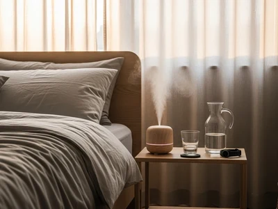 Gemütliches Schlafzimmer mit Bett, Nachttisch, Lampe und sanftem Licht als Symbol für Entspannung und einen ruhigen Abend
