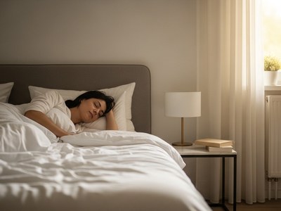 Person schläft entspannt in einem ruhigen Schlafzimmer mit weichem Licht und gemütlichem Bett als Symbol für erholsamen Schlaf wie du endlich durchschlafen kannst