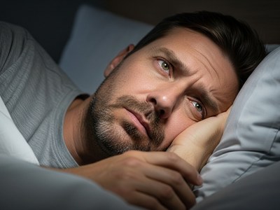 ein Schichtarbeiter im Bett der schlecht schläft und an Seine nächste SpätSchicht im Metallbau denkt