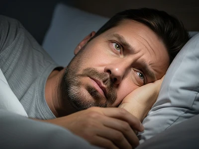 ein Schichtarbeiter im Bett der schlecht schläft und an Seine nächste SpätSchicht im Metallbau denkt