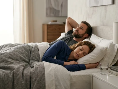Brauchen Frauen mehr Schlaf als Männer? Wissenschaft, Erfahrungen. Zusehen ist ein Mann der wach liegt und eine Frau die friedlich schläft im Bett.