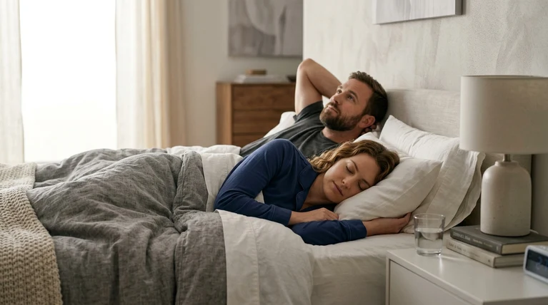 Brauchen Frauen mehr Schlaf als Männer? Wissenschaft, Erfahrungen. Zusehen ist ein Mann der wach liegt und eine Frau die friedlich schläft im Bett.