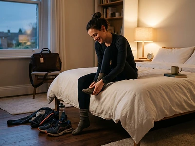 besser schlafen nach sport. Eine Frau die nach dem Sport auf dem Bett sitzt, sich die Schuhe ausgezogen hat und Ihren Fuß massiert.