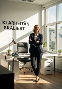 A confident business coach standing in a bright modern workspace with clean desk and organized envir...