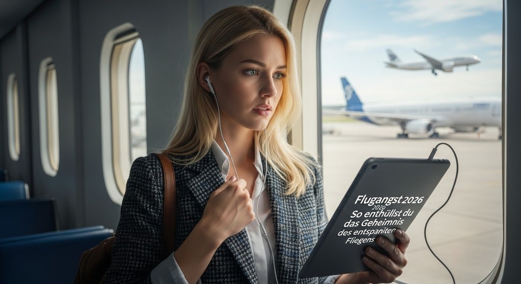 Eine Frau die vor dem Abflug noch den kostenlosen Ratgeber ließt und dann entspannter ins Flugzeug steigt