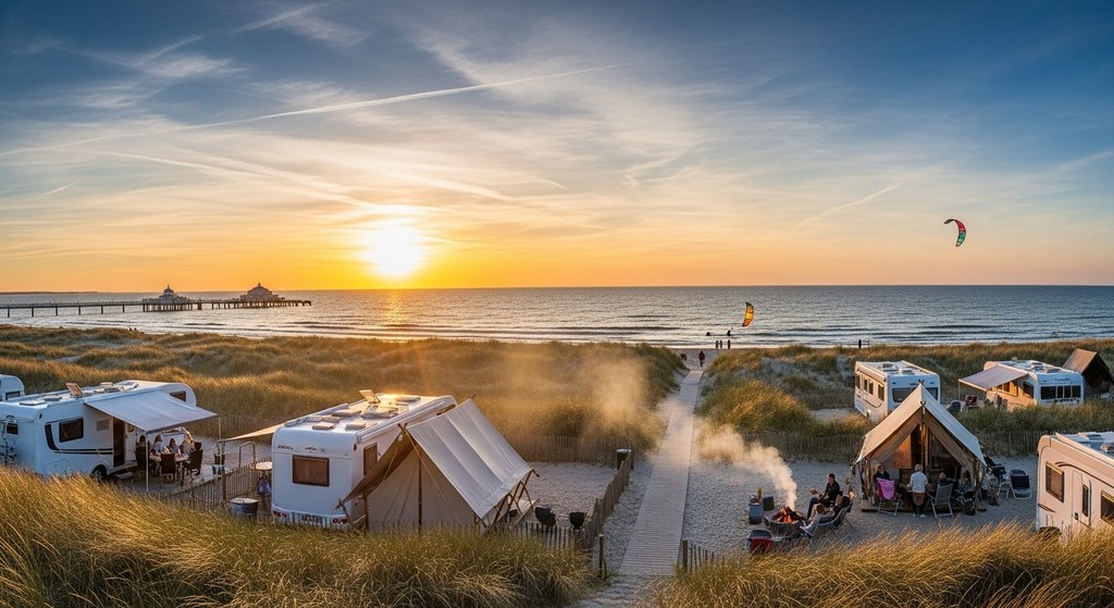 Zu sehen ist ein Campingplatz mit Wohnwagen und Wohnmobilen an der Ostsee