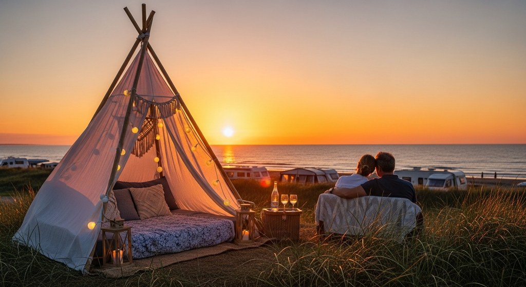 Sonnenuntergang mit einemZelt und Meerblick mit einem Pärchen Arm in Arm
