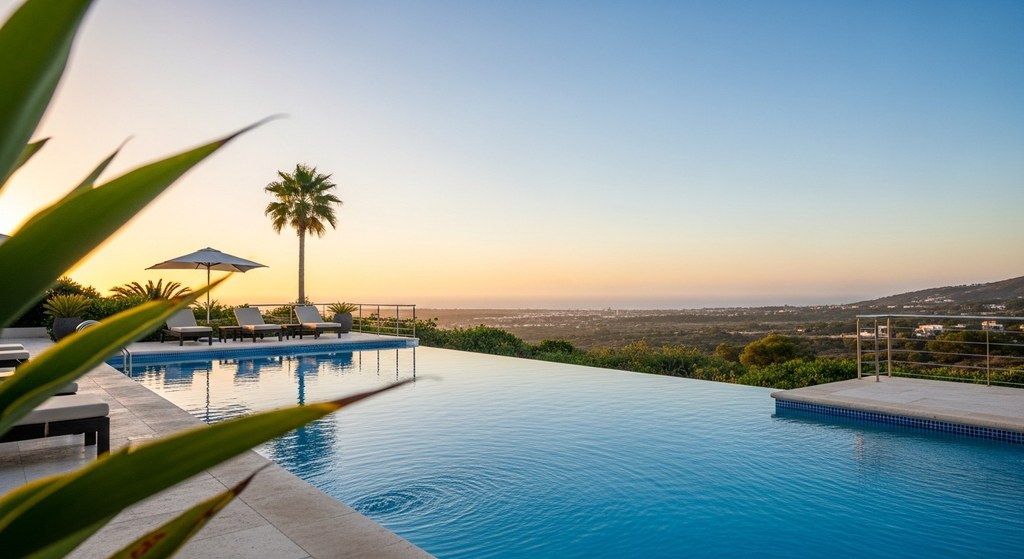 Wundervolle Landschaft mit einem Pool und einer Palme im HintergrundFamilienurlaub Griechenland