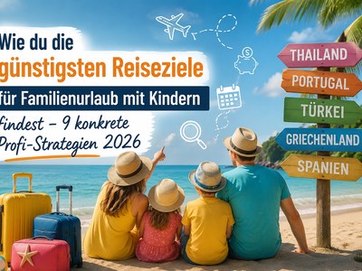 Familienurlaub mit Kindern 2026: Familie am Strand vergleicht günstige Reiseziele wie Spanien, Griechenland, Türkei, Portugal und Thailand. Symbolbild für Spartipps und die Suche nach preiswerten Familienreisen.