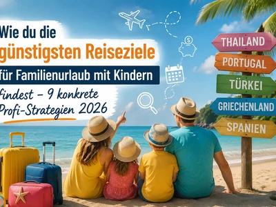 Familienurlaub mit Kindern 2026: Familie am Strand vergleicht günstige Reiseziele wie Spanien, Griechenland, Türkei, Portugal und Thailand. Symbolbild für Spartipps und die Suche nach preiswerten Familienreisen.