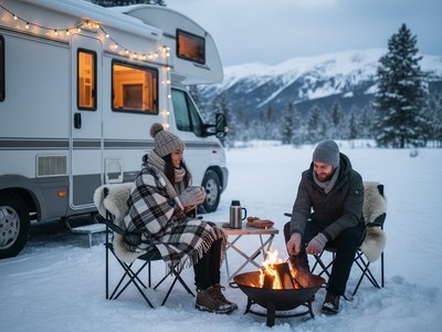 Bild mit einem Wohnmobil und eine Frau und einen Mann die im Winter auf dem Camping...