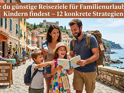 East dem Bild ist eine Familie zu sehen die im Urlaub ist. Sie schauen auf den Stadtplan um die Sehenswürdigkeiten zu finden. Wie du günstige Reiseziele für Familienurlaub mit Kindern findest – 12 konkrete Strategien