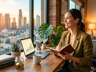 Frau verbessert ihr Money Mindset und plant mit Notizbuch ihre neue finanzielle Freiheit