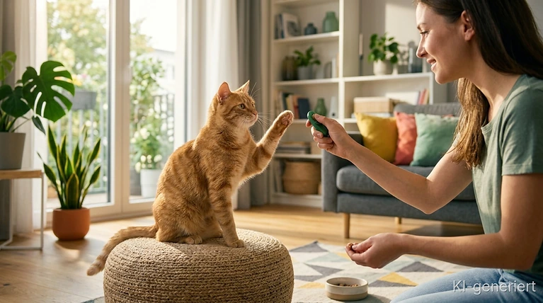 Wohnungskatze beim Clickertraining mit Clicker und Leckerli