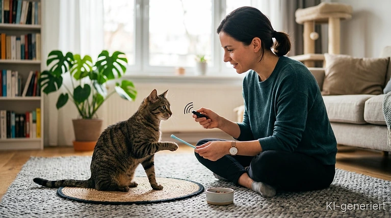 Wohnungskatze beim Clickertraining mit Clicker und Leckerli