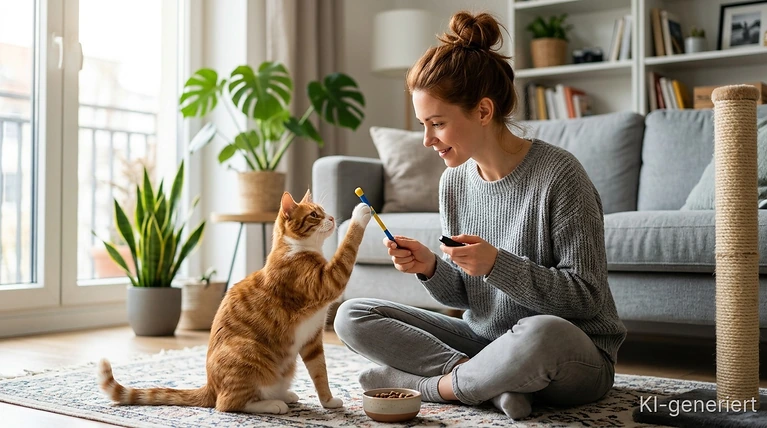Wohnungskatze beim Clickertraining mit Clicker und Leckerli