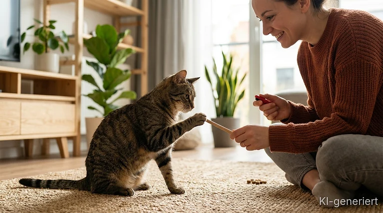 Wohnungskatze beim Clickertraining mit Clicker und Leckerli