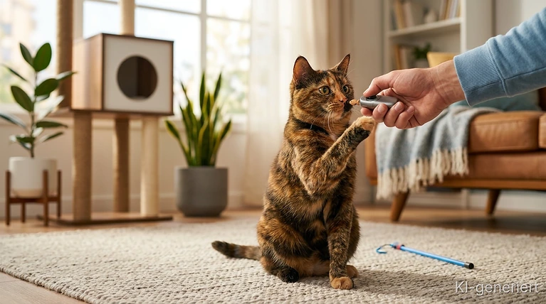 Wohnungskatze beim Clickertraining mit Clicker und Leckerli