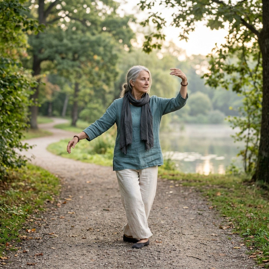 Ältere Frau übt Tai Chi im Park bei Sonnenaufgang.