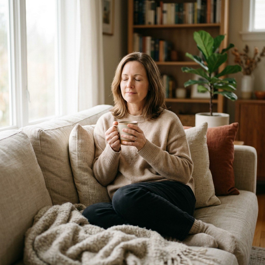 Eine Frau sitzt entspannt mit einer Tasse Tee auf dem Sofa und wirkt ruhig und gelöst
