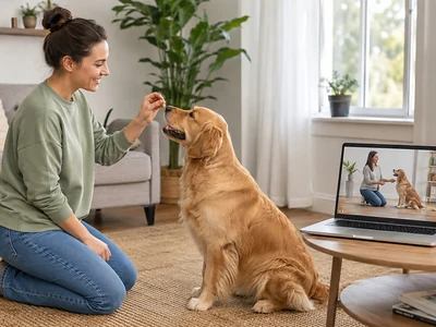Frau Trainiert mit Hund mithilfe der Online Hundeschule