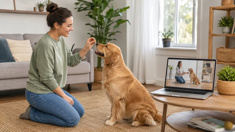 Frau Trainiert mit Hund mithilfe der Online Hundeschule