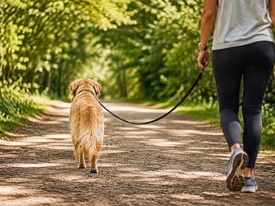 Frau mit Hund an der Leine am Waldweg