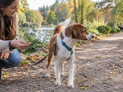 Frau mit Hund. Hund nimmt kein Leckerli