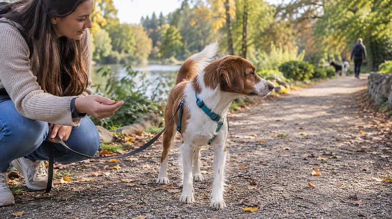 Frau mit Hund. Hund nimmt kein Leckerli