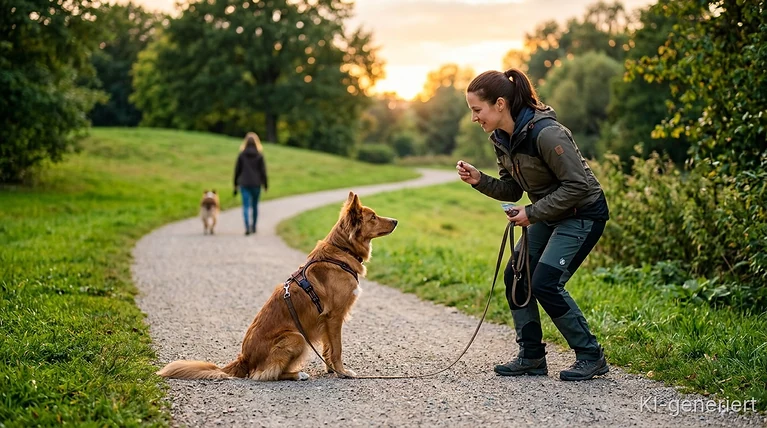 „Dein Hund explodiert bei Begegnungen? Vielleicht trainierst du schlicht zu nah am anderen Hund.“ Skript: „Ist dein Hund nicht mehr ansprechbar, befindet er sich wahrscheinlich zu nahe am Auslöser. Vergrößere die Distanz, bis er wieder beobachten und reagieren kann. Erst dort trainierst du Orientierung und ruhiges Verhalten.“ Relevante Stichwörter: Abstand, Hundebegegnung, Reizschwelle, Ansprechbarkeit, Orientierung, Training.