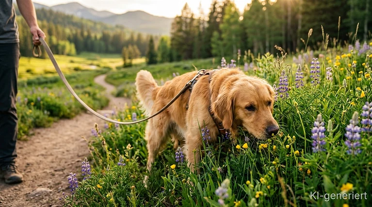 „Willst du deinen Hund beim Schnüffeln ständig weiterziehen? Damit nimmst du ihm einen wichtigen Teil des Spaziergangs.“ Skript: „Beim Schnüffeln sammelt dein Hund Informationen über seine Umgebung. Plane deshalb Spaziergänge ein, bei denen nicht die zurückgelegte Strecke im Mittelpunkt steht. Ein langsamer Schnüffelgang kann mental bereichernder sein als schnelles Kilometerlaufen.“ Stichwörter: Schnüffeln, Spaziergang, Nasenarbeit, Auslastung, Hundeverhalten, Umgebung.